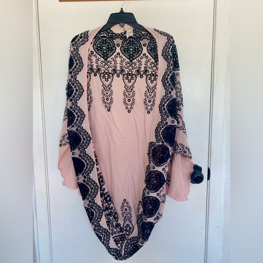 Free people pink with black lace cardigan